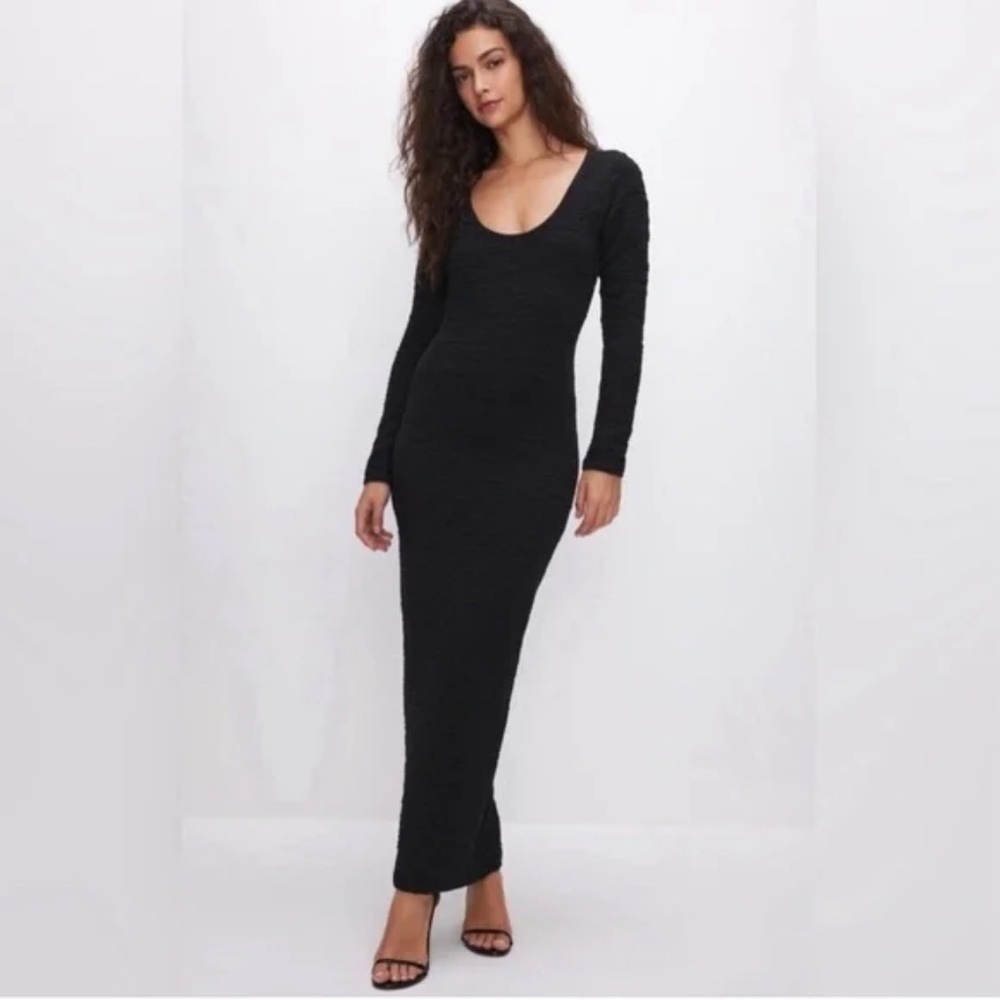 NWT Good American Black Ruched Long Sleeve Bodycon Maxi Dress Size 2